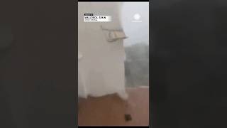 Pool Loungers and Chairs Sent Airborne as Crazy Wind Hits Mallorca Hotel [upl. by Enelez]