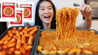 NEW Spicy Topokki Fire Ramen Big Cheese Filled Rice Cakes  Noodles Mukbang w Sticky Eating Sounds [upl. by Barrada]