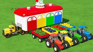 TRANSPORTING JOHN DEERE TRACTORS amp FRUITs with FLATBED TRAILER amp CRAZY LOADERS FS22 [upl. by Eniad264]