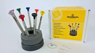 Bergeon 30081S09 watchmakers screwdriver set on rotating stand stainless steel [upl. by Alaikim56]