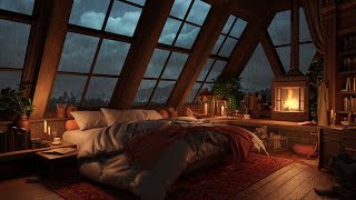 Cozy Attic Bedroom Ambience  Gentle Rain Sounds and Crackling Fireplace for Relaxation and Study [upl. by Enilav]