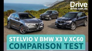 2018 Alfa Romeo Stelvio v BMW X3 v Volvo XC60 Comparison Review  Drivecomau [upl. by Angeline]