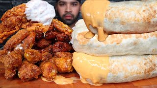 ASMR GIANT BURRITOS WITH CHEESE SAUCE AND CHICKEN WINGS WITH EXTRA RANCH MUKBANG [upl. by Inalaek555]