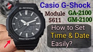 Casio GShock GA2100 GM2100 5611  How To Set Time amp Date Easily [upl. by Ellehsim223]