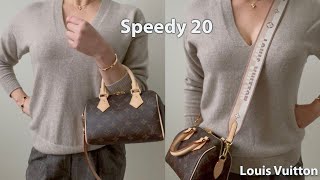 Speedy 20 monogram with Beige Bandoulière review  mod shots amp LV strap chat  whats in my bag [upl. by Ogdan671]