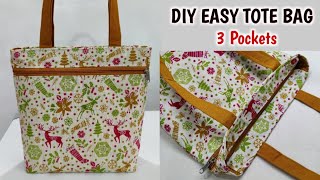 DIY Easy Tote Bag with 3 Pockets  Step by Step Sewing Tutorial  Cloth bag making  Shopping Bag [upl. by Evets]