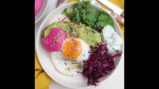 Smashed Avocado served with fried eggs and beet tzatziki [upl. by Blancha]