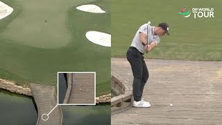 Lucky Or Unlucky Viktor Hovland Plays Golf Shot From Bridge [upl. by Kalie25]