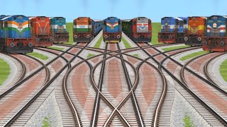 Nine Trains Crossings At Risky Curved Bumpy Forked Track Trains Simulation Classic  Video Game [upl. by Meghan]