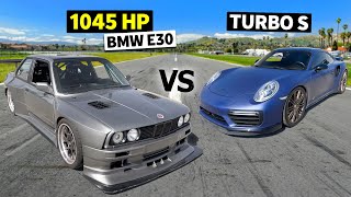 Big Budget Builds race NoPrep 1045hp Widebody Twin Turbo E30 vs 980hp Methanolfueled 991 Turbo S [upl. by Ettenaej]