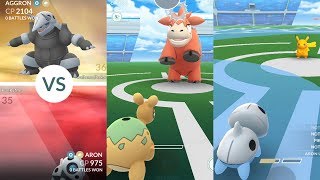 Pokémon Go Gym Battle Gen 3 Aron Numel Pikachu vs Aggron amp Camerupt [upl. by Adnarahs]