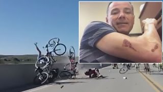 Watch Cyclist Cling To Wall For Dear Life In Horrible Accident [upl. by Ainehs]