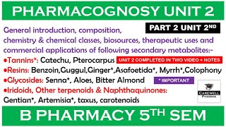 Part 2 Unit 2 completed  Pharmacognosy 5th sem  Tannins Resins Glycosides Iridoids etc [upl. by Sanfo116]