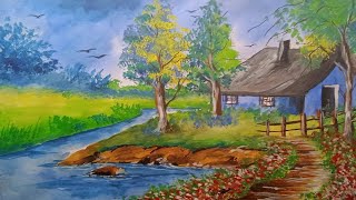 Village scenery drawing easy pencil  Watercolor painting for beginners [upl. by Rajiv]