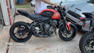 Firetong Willy Made Exhaust Sound Triumph Trident 660 OEM vs Firetong with amp without DB killer [upl. by Eniamurt643]