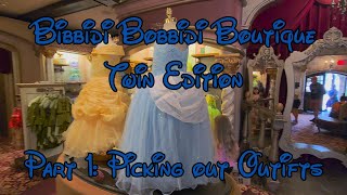 Bibbidi Bobbidi Boutique Twin Edition Part 1 Picking out the Dress and Knight Outfits [upl. by Zelle502]