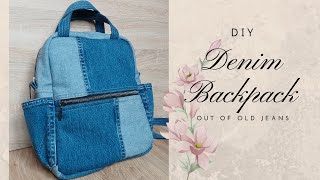 DIY Denim Backpack with zipper and pocketsBackpack sewing tutorialHow to sew BackpackRucksack [upl. by Eibot561]