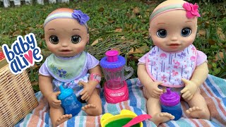 BABY ALIVE real as can be baby twins Feeding and changing at Park 🥦 [upl. by Aetnuahs]