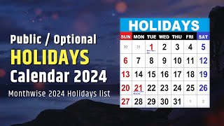 Holidays Calendar 2024  List of Public holidays Government Holidays in 2024 [upl. by Arni847]