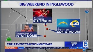 Major traffic jams in Inglewood for tripleevent weekend [upl. by Klinges810]