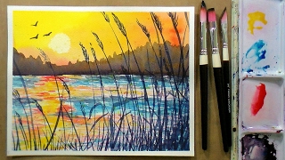 Golden Sunset Beginner Watercolor 3 Color REAL TIME Tutorial [upl. by Aerdnaeel]