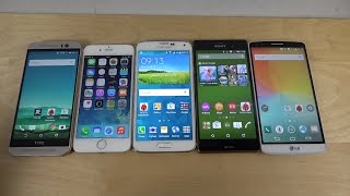 HTC One M9 vs iPhone 6 vs Galaxy S5 vs Xperia Z3 vs LG G3 Benchmark Speed Test [upl. by Lyndel]