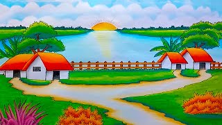 How to draw easy scenery drawing beautiful landscape village  Sunrise drawing  Village drawing [upl. by Jaenicke]