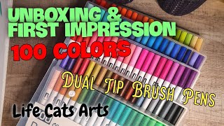 UNBOXING amp FIRST IMPRESSION  100 Colors Dual Tips brush Pens [upl. by Buckler]