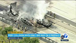 Fiery crash involving big rigs shuts down multiple 5 Freeway lanes in Granada Hills [upl. by Luahs]