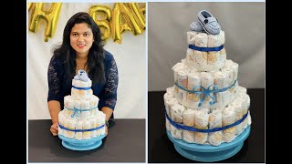 Diaper cake  DIY diaper cake for baby shower  baby shower  3 tier diaper cake  baby shower decor [upl. by Uba]