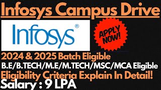 Infosys Mega Recruitment 2024 amp 2025 Batch Eligible  Salary  95 LPA 🔥🔥 [upl. by Sitoiyanap]