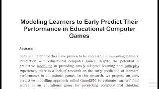 Modeling Learners to Early Predict Their Performance in Educational Computer Games [upl. by Yousuf]