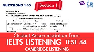 Practice IELTS Listening  Test 84 Student Accommodation Form  Cambridge Listening  Practice Now [upl. by Dwan]