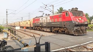 Back to Back 4 trains passing Rail gate  High speedy Express amp Local Train through passing [upl. by Adnarim254]