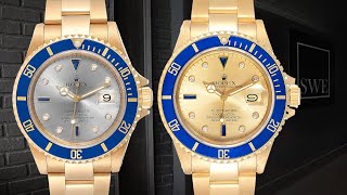 Rolex Submariner Yellow Gold Diamond Sapphire Serti Dial Watch 16618 and 16808  SwissWatchExpo [upl. by Esyned]