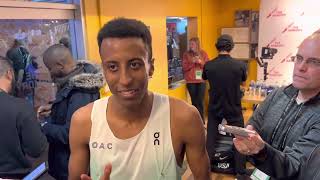 Yared Nuguse after 34738 American record in mile at 2023 Millrose Games Wanamaker Mile [upl. by Aivun635]