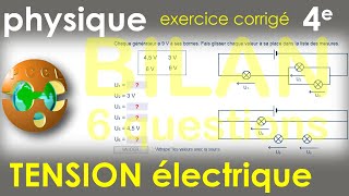 TENSION ÉLECTRIQUE Exercice corrigé BILAN en 6 QUESTIONS PhysiqueChimie 4e [upl. by Myca]