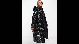 ELLESSE Shiny Longline Wet Look Long Puffer Jacket Coat Hooded Glossy Wetlook Back  Asos [upl. by Esenej]