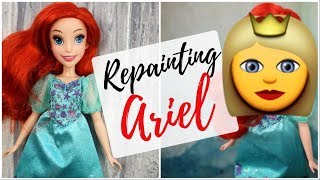 ARIEL DISNEY PRINCESS DOLL REPAINT  HOW TO CUSTOMIZE DOLLS  DRAW FACE EYES LIPS [upl. by Horsey]