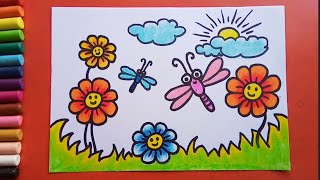 Easy and simple Flower Garden drawing [upl. by Eimot]