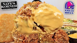 MUKBANG EATING TACO BELL BREAKFAST CRUNCHWRAP SUPREMES HASHBROWNS NATES KORNER STEAK BURRITO ASMR [upl. by Aleydis]