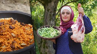 LOOBIA POLO Persian Green Bean Rice with SHIRAZI SALAD  An Original Iranian Taste  Rural Cuisine [upl. by Reynard350]