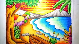 Mewarnai gradasi dengan crayon  Oilpastel  Pemandangan indah pantai  Drawing Beach Scenery [upl. by Platus]