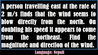 Person travelling east at 2 ms finds that the wind seems to blow directly from north On doubling [upl. by Ardnikat]