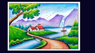 Oilpastel Scenery Drawing  Beautiful Scenery Drawing  Hill with River Scenery Drawing [upl. by Ainevuol]