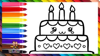 Zeichne und male eine Geburtstagstorte 🎂❤️🧡💛💚💙💜🌈 Zeichnungen für Kinder [upl. by Atiniuq]