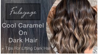 FOILAYAGE  Cool Caramel On DARK HAIR  TIPS For Lifting Dark Hair [upl. by Ogires31]