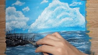 Easy seascape drawing  Acrylic painting  Ocean Beach Scenery drawing step by step [upl. by Elwyn]