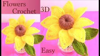 Como hacer flores en 3D a Crochet girasoles con hojas y tallos tejido tallermanualperu [upl. by Bick]