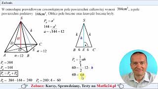 W ostrosłupie dane pole całkowite i pole podstawy  MatFiz24pl 👈 [upl. by Eelyrag]